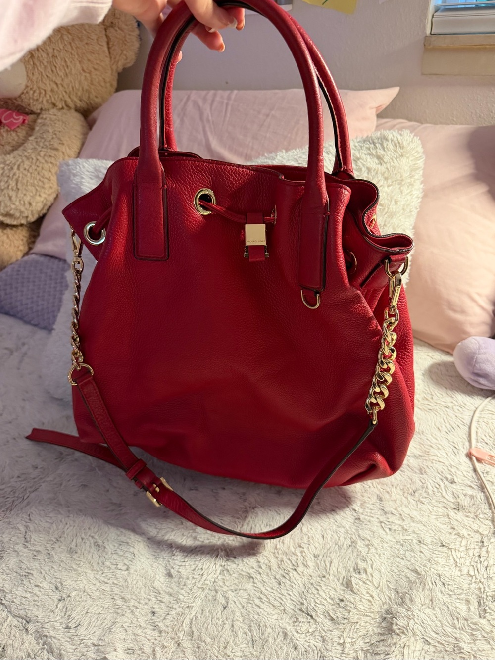 Michael Kors Red Pebbled Leather Large Satchel Handbag | Gold Hardware